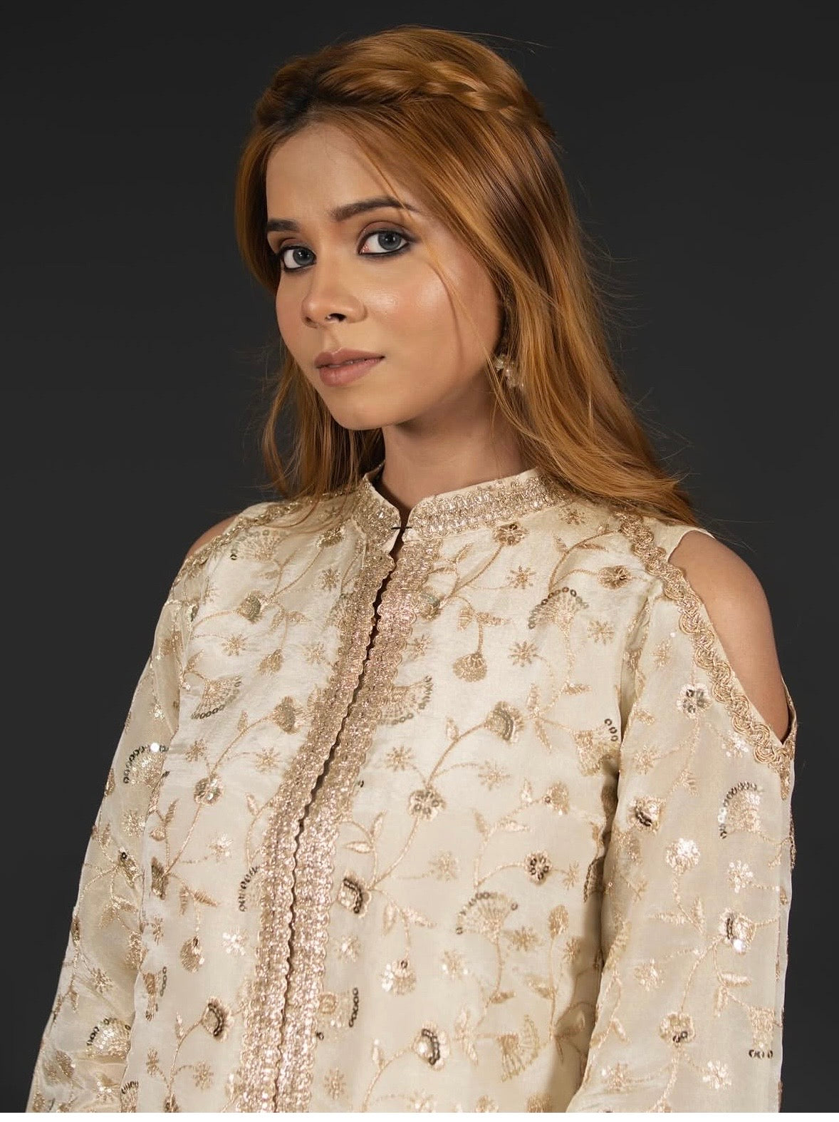 The Glided Ivory Cold -Shoulder Short Kurta And Flared Pant Set