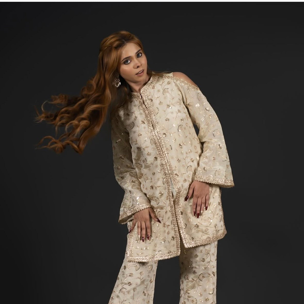 The Glided Ivory Cold -Shoulder Short Kurta And Flared Pant Set