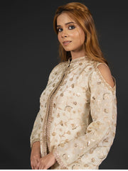 The Glided Ivory Cold -Shoulder Short Kurta And Flared Pant Set
