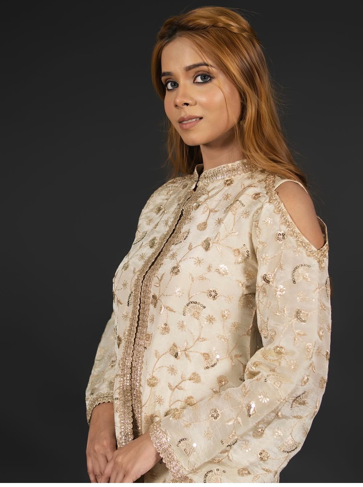 The Glided Ivory Cold -Shoulder Short Kurta And Flared Pant Set