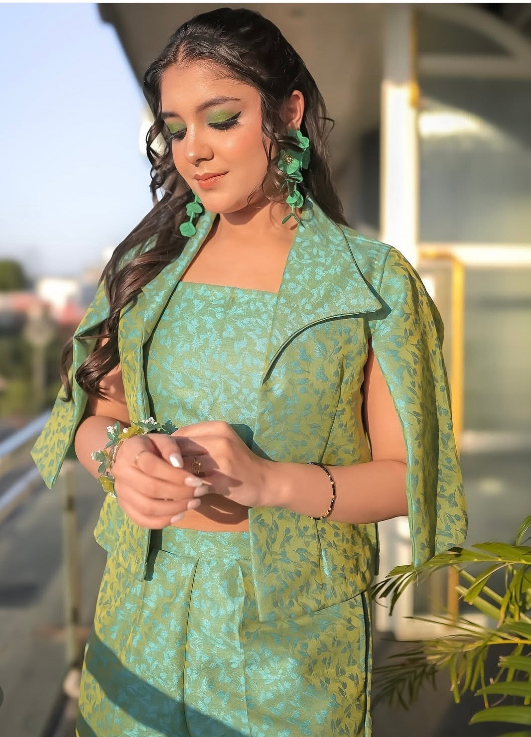 Sage Green Floral Brocade Cape Style Cord-Set