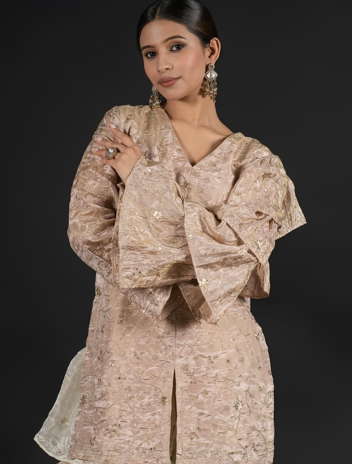 Champagne Gold Slit Kurta With Tiered Ruffle Sharara Set