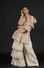 Champagne Gold Slit Kurta With Tiered Ruffle Sharara Set